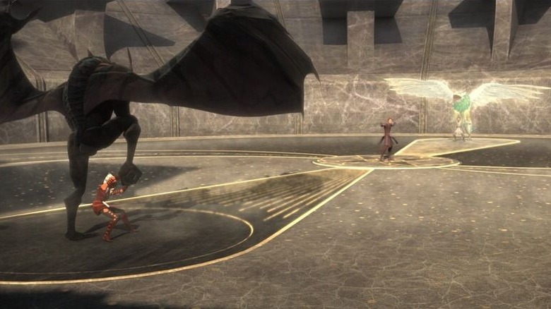 Anakin Skywalker faces the Son and the Daughter in their monstrous forms on Mortis in Star Wars: The Clone Wars.
