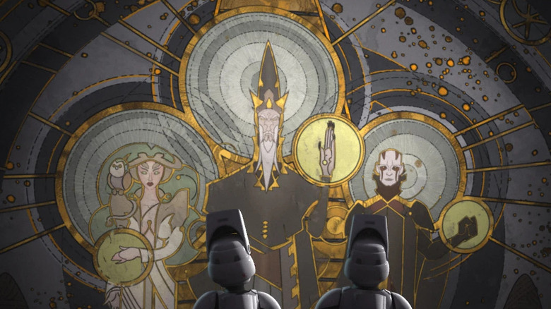 A mural of the Mortis Gods on the Lothal Jedi Temple, seen on Star Wars Rebels.