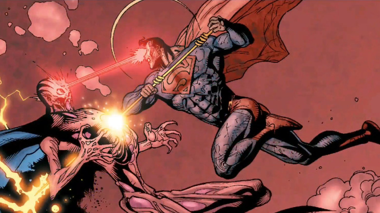 Cosmic Armor Superman stabbing Mandrakk with a spear in Superman Beyond 3D