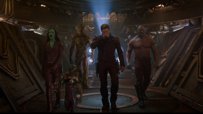 Zoe Sandaña, Bradley Cooper, Vin Diesel, Chris Pratt, and Dave Bautista in Guardians of the Galaxy