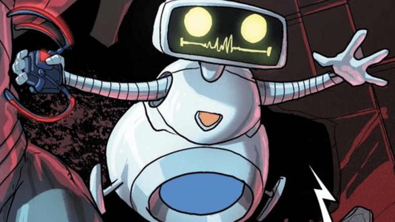 An anxious-looking H.E.R.B.I.E. holding a gadget in Marvel's comics