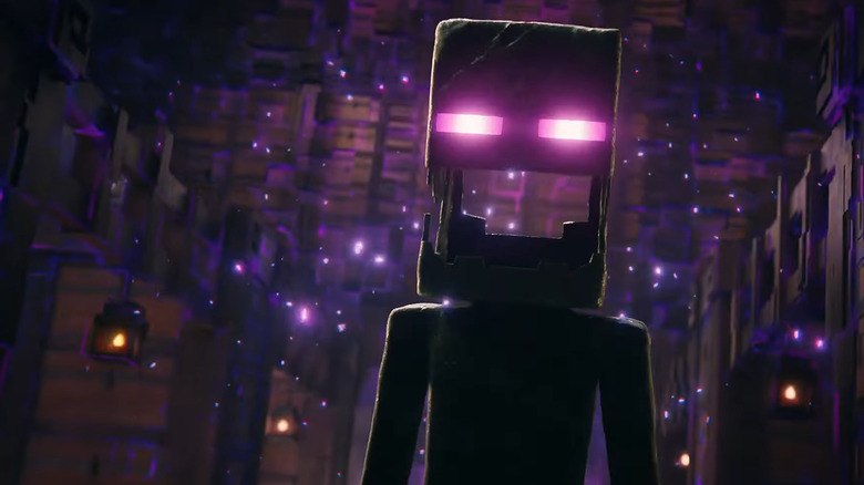An Enderman, its block mouth open, in A Minecraft Movie