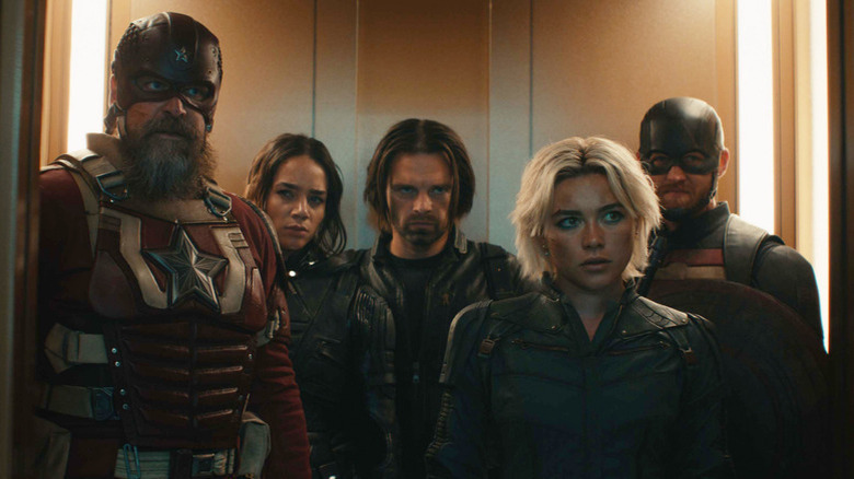 Thunderbolts* screenshot, showing Red Guardian, Ghost, Bucky, Yelena Boleva, and John Walker