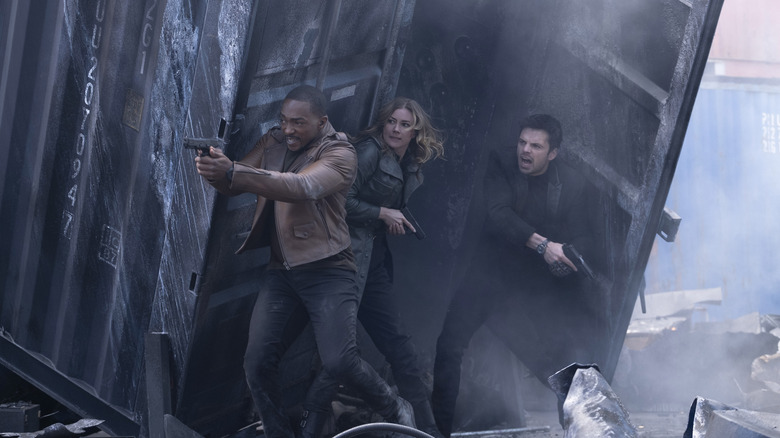 Sam Wilson, Sharon Carter, and Bucky Barnes in a shoot-out in The Falcon and the Winter Soldier