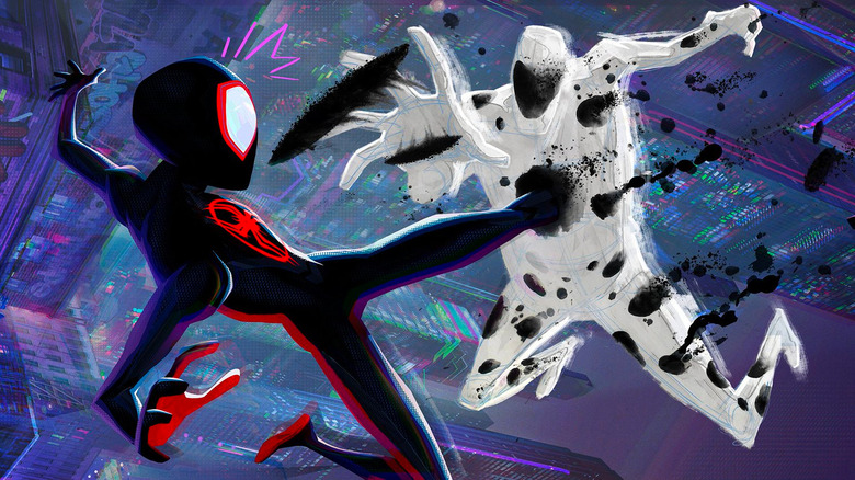 Miles Morales (Shameik Moore) faces off with The Spot (Jason Schwartzman) in Spider-Man: Across the Spider-Verse