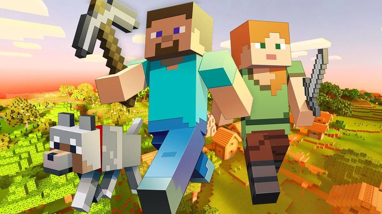 Minecraft image featuring Steve, Alex, and a wolf
