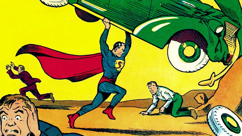 Superman destroys a car with his bare hands on the cover of Action Comics #1.