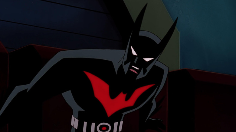 Terry McGinnis with his mouth open in surprise in his Batman costume in Batman Beyond