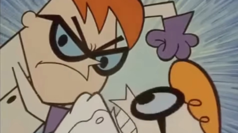 Rough Dexter grabs a nice Dexter for a collar with a fist raised in the Dresster lab