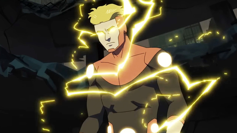 Powerplex charges up while standing amid rubble in Invincible