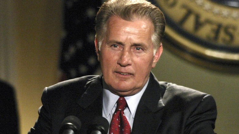 Martin Sheen as President Jed Bartlet giving a speech on The West Wing