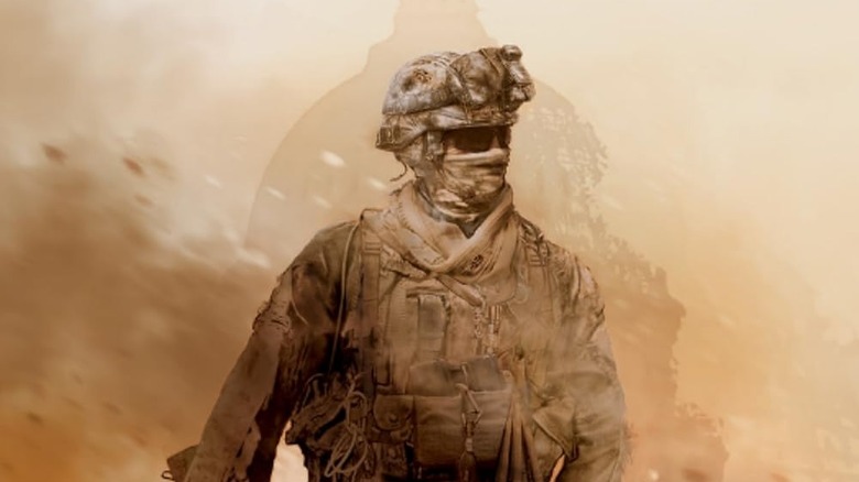A soldier is walking away from the rubble on the art of cover for Call of Duty: Modern Warfare 2