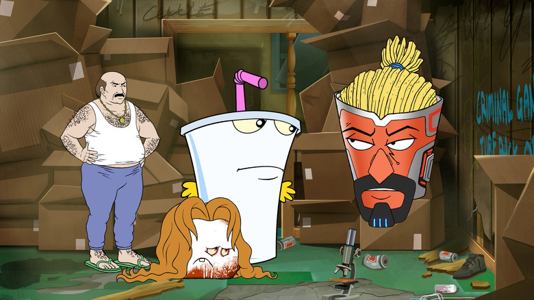 Frylock, Master Shake, and Meatwad hang out with Carl in a room full of empty boxes in Aqua Teen Hunger Force