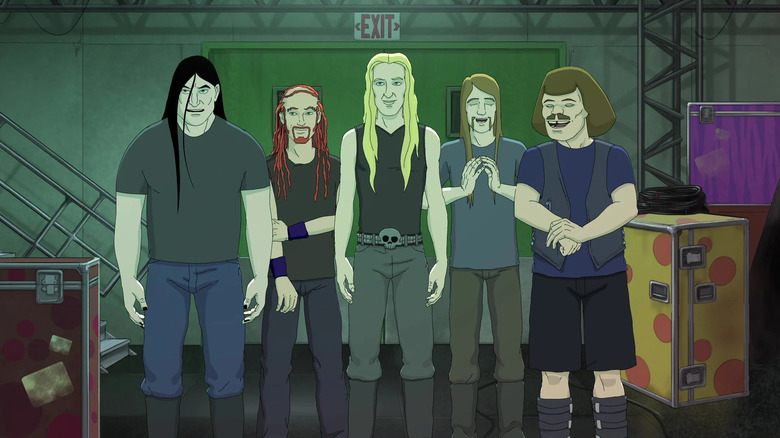 Nathan Explosian, Pickles, Skwisgaar Skwigelf, Toki Wartooth, and William Murderface in a line laughing on Metalocaylpse