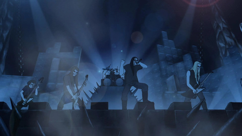 Dethklok jamming on stage in Metalocalypse