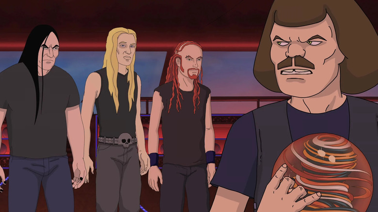 Nathan Exposion, Skwisgaar Skeigelf, Pickles, and William Murderface with a bowling ball in Metalocalypse