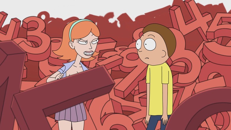 Morty looking at a woman with an open shirt in a field of numbers on Rick and Morty.