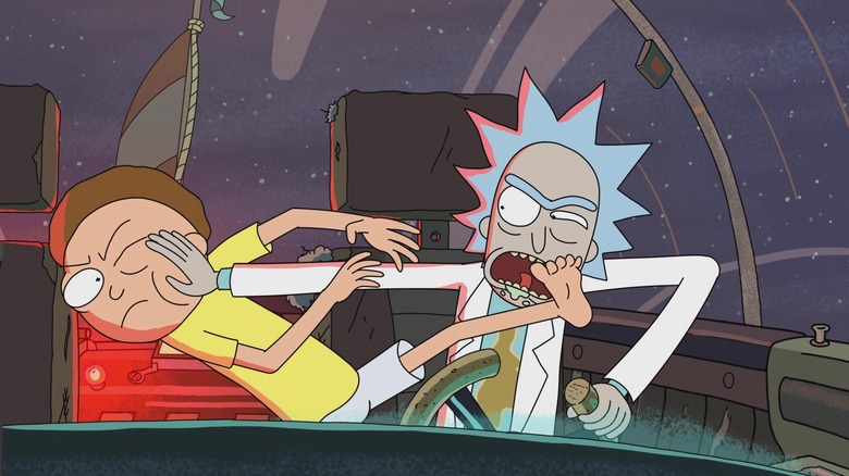 Morty and Rick fighting in a spaceship in Rick and Morty.