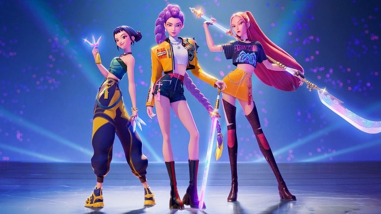 Rumi, Mira, and Zoey as Huntr/x with their weapons in hand in KPop Demon Hunters