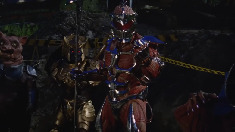 Lord Zedd and two monster minions at a construction site in Mighty Morphin Power Rangers: The Movie