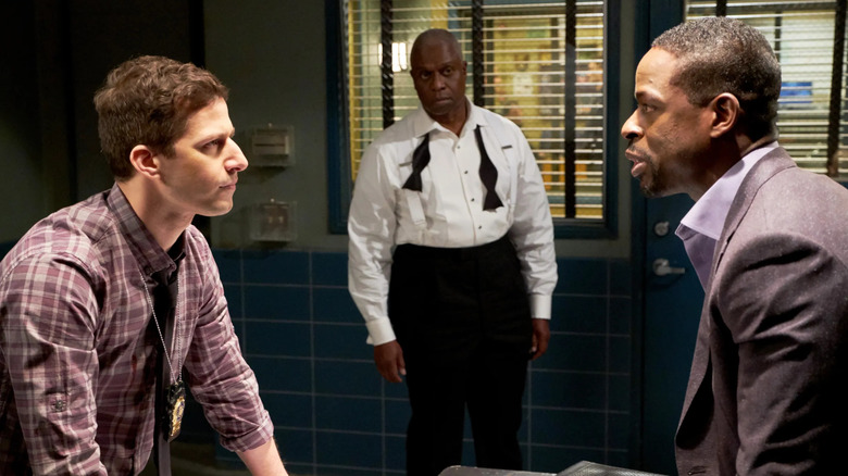 Brooklyn nine nine, Jake toward Sterling k Brown's criminal character as Holt observes in the background