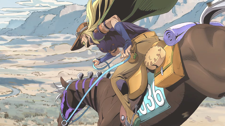 Gyro Zeppeli riding his horse while competing in a big race in Steel Ball Run: JoJo's Bizarre Adventure