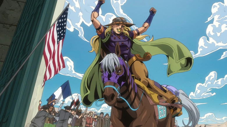 Gyro Zeppeli riding a horse and celebrating in Steel Ball Run: JoJo's Bizarre Adventure