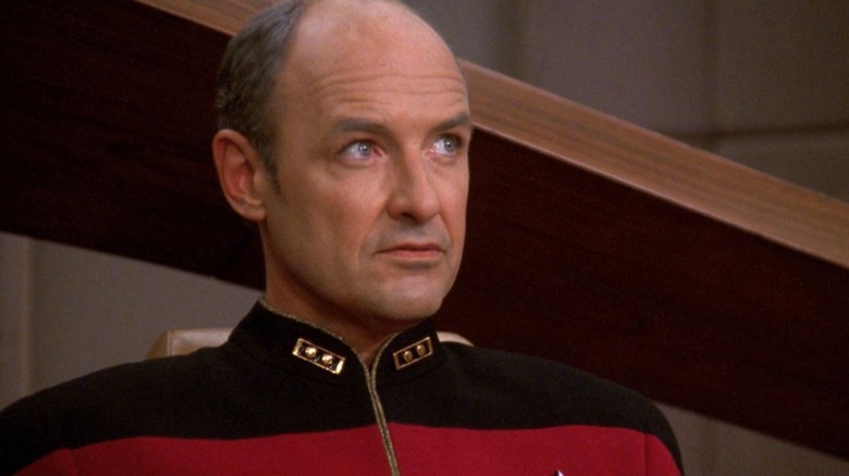 Admiral Pressman looking grumpy on the brige of the Enterprise-D on Star Trek: The Next Generation