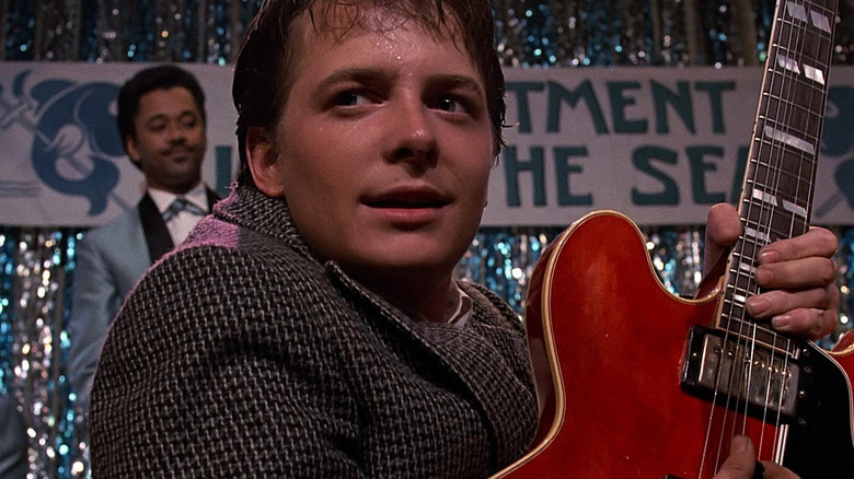 Marty realizes he may have gone too far on the guitar in Back to the Future