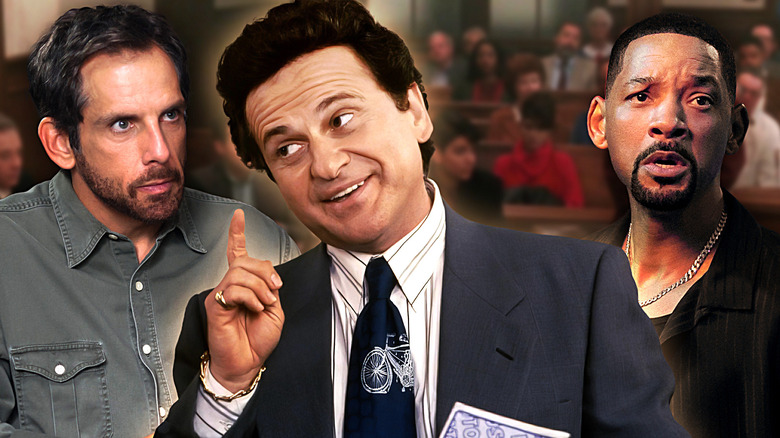 Ben Stiller and Will Smith surrounding Vinny Gambini in court in My Cousin Vinny
