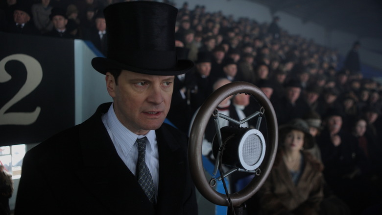 King George VI (Colin Firth) delivers a speech in "The King's Speech"