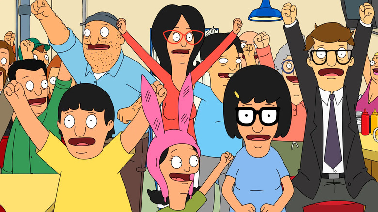 A packed restaurant after bad things happen in the bathroom in Bob's Burgers