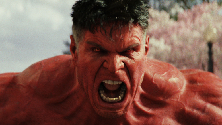 Harrison Ford as Red Hulk roaring in the street in Captain America: Brave New World