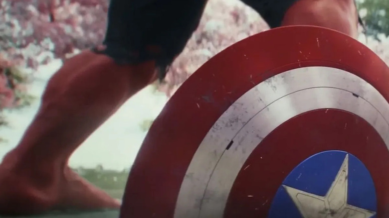 Red Hulk throwing Captain America's shield into the ground in Captain America: Brave New World
