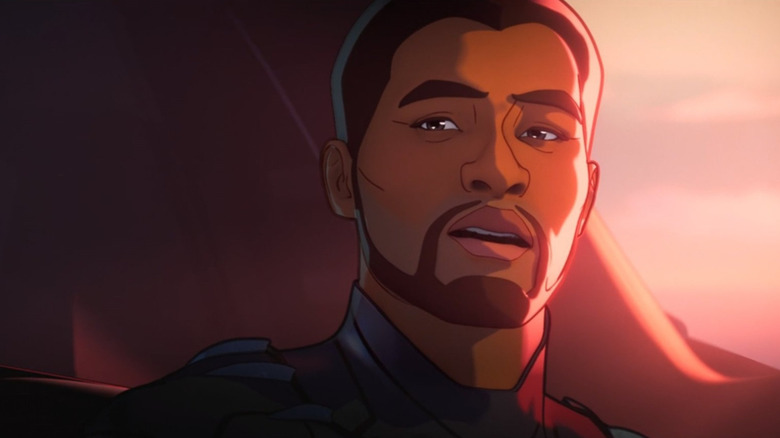Chadwick Boseman as the voice of T'Challa lit by a sunrise in What If...?