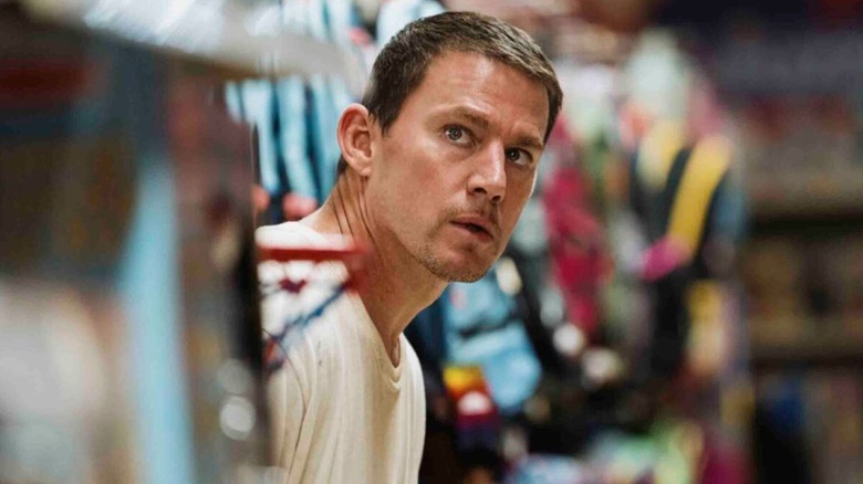 Channing Tatum as Jeffrey looking alarmed in Roofman