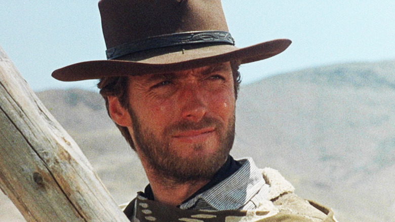 Clint Eastwood's Man with No Name looks off to his left in closeup in A Fistful of Dollars