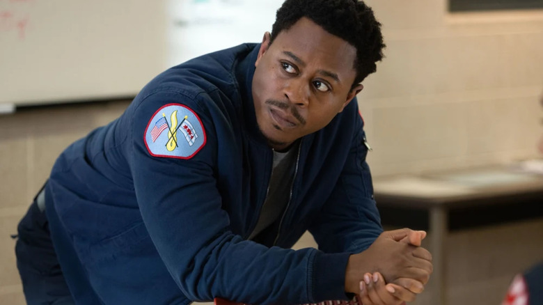 Daniel Kyri leaning over as Darren Ritter on Chicago Fire