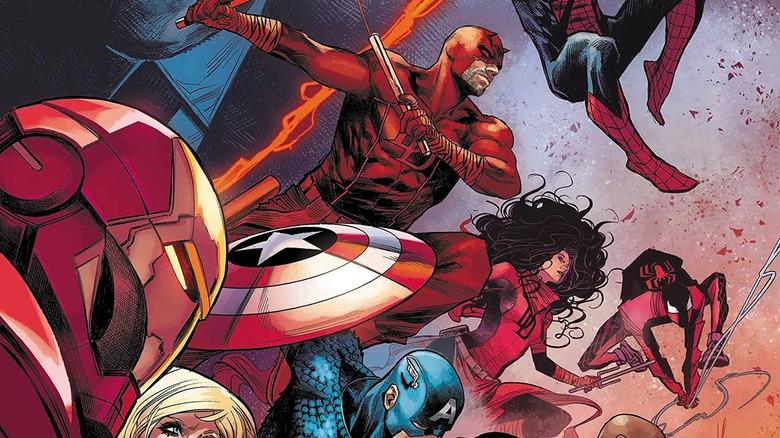 Devil's Reign-cover met Daredevil en Elektra met Avengers, waaronder Iron Man, Captain America en Spider-Man