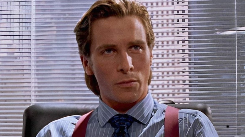 Christian Bale as Patrick Batemen, staring intensely in American Psycho