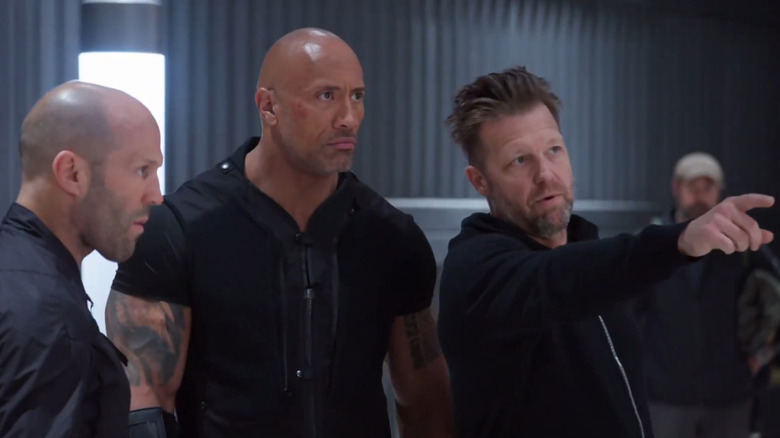 David Leitch directing behind the scenes with Jason Statham and Dwayne Johnson on the set of Hobbs & Shaw