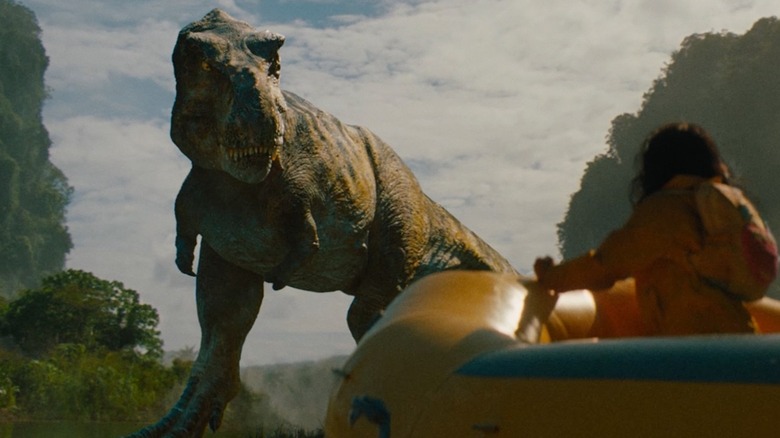 The T-rex getting ready to attack the raft in Jurassic World Rebirth