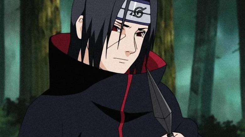 Itachi holds a kunai knife as he thinks deeply about Naruto