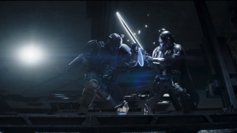 Tait Fletcher and Pedro Pascal in The Book of Boba Fett