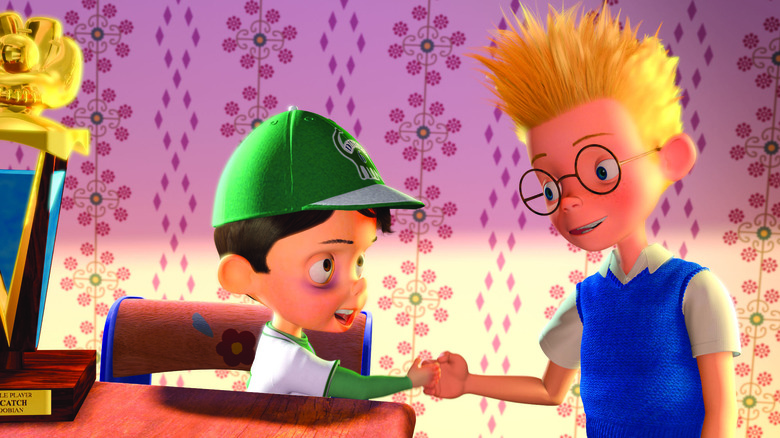 Goob and Lewis shake hands, celebrating the former's victory in 'Meet the Robinsons'