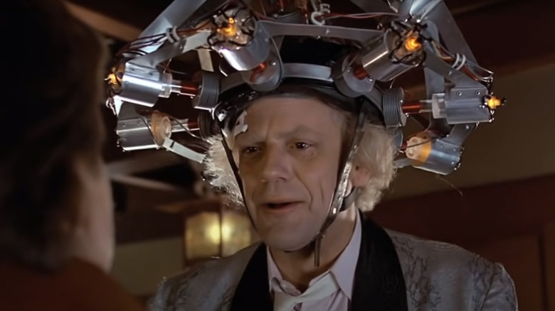 Doc Brown wearing sci-fi invention headset