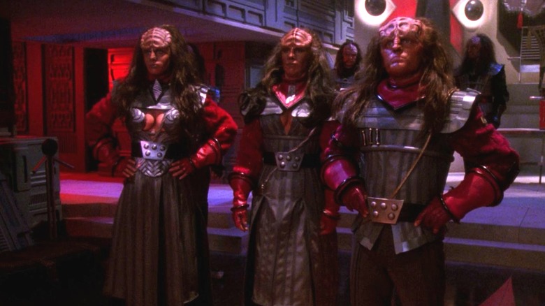 B'Etor, Lursa, and Doral in the chamber of the Klingon High Council on Star Trek: The Next Generation