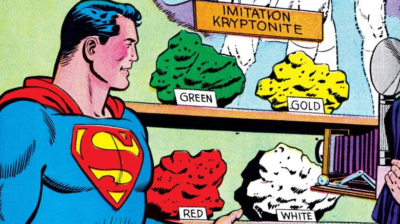 Superman posing with Kryptonite collection