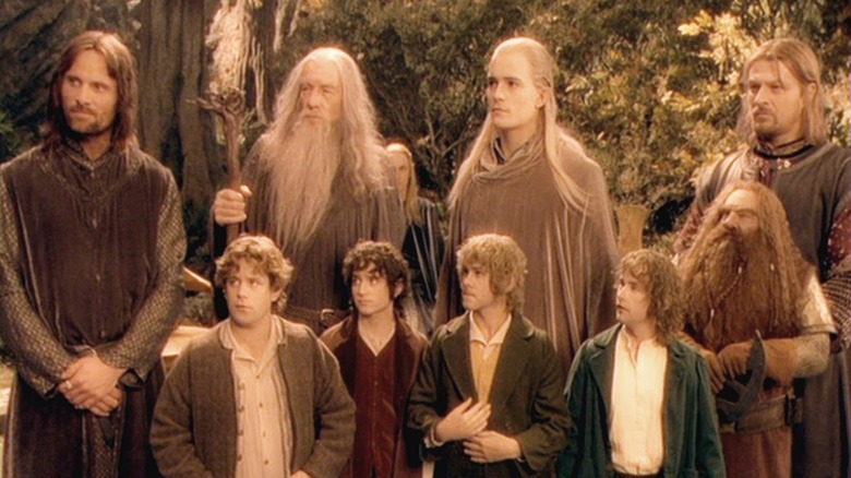 The members of the Fellowship of the Ring standing together