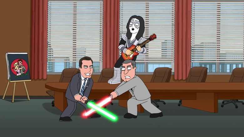 Two of the characters from Mad Men fight with lightsabers while Ace Frehley from KISS stands on a table and plays guitar in Family Guy